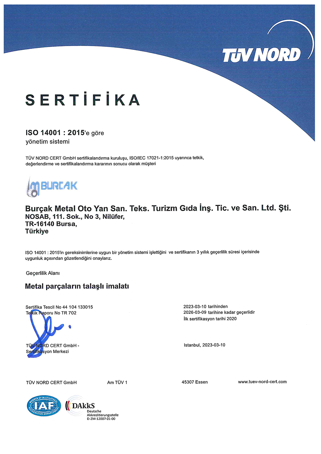 ISO 14001:2015'e göre yönetim sistemi